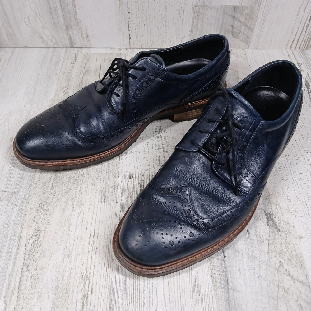 Ecco Shoes‎ Men's 9 Navy Blue Leather Wingtip Oxford Dress Brogue Detail